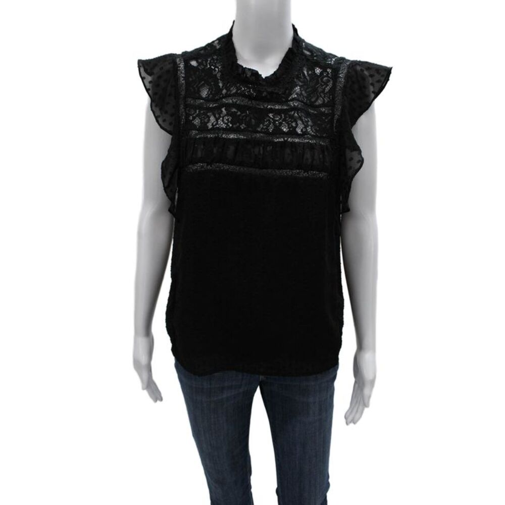 Heartloom Women Black Polka Dot High Neck Short Sleeve Nylon Blouse Size S